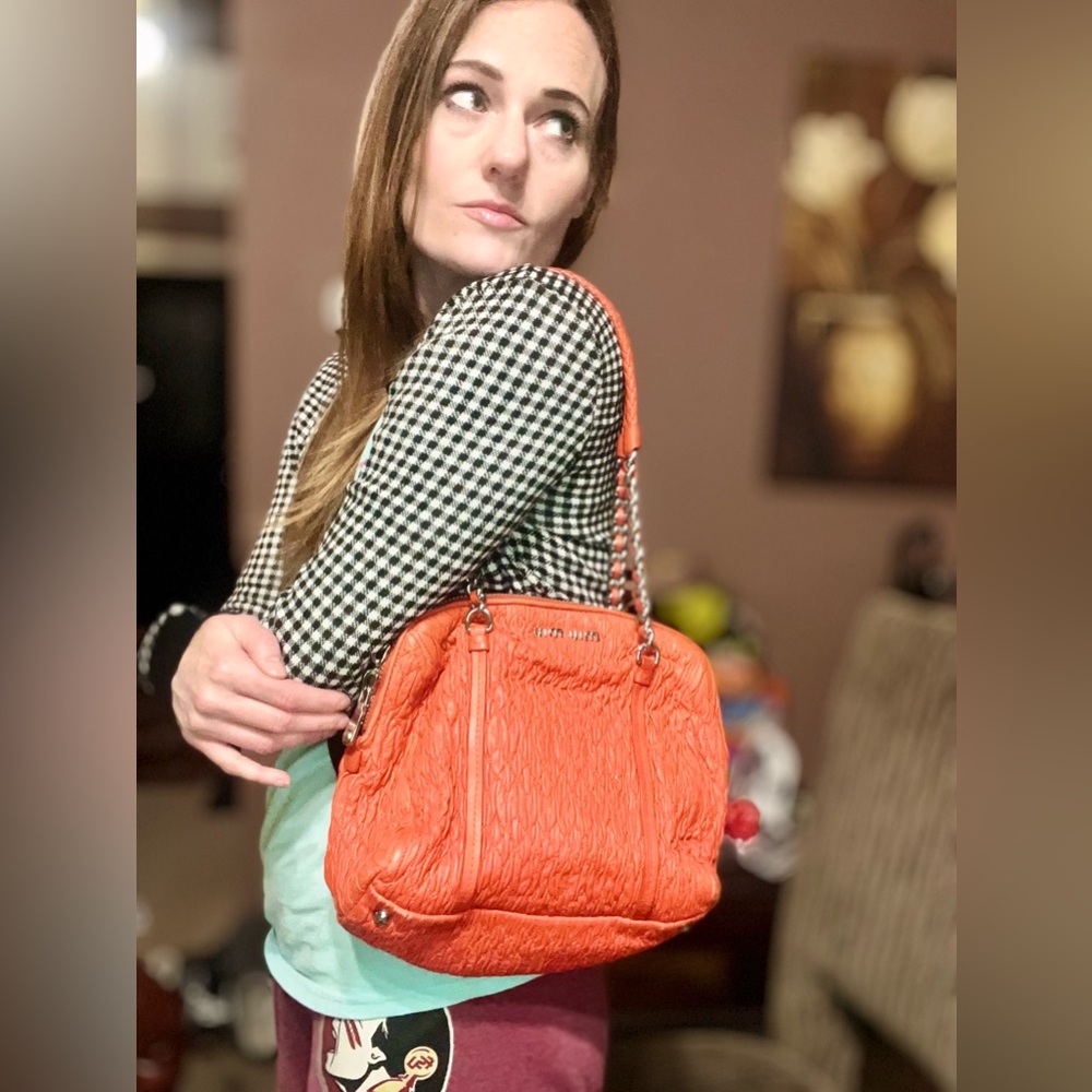 Miu Miu Orange and Silver Textured Shoulder Bag - Picture 16 of 16